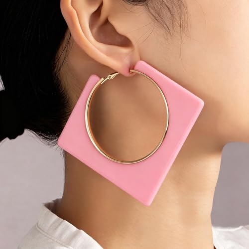 Colorful Large Hoop Earrings for Women Big Square Hollow Hoops Dangle Earrings Trendy Chunky Geometric Square Earring 80s 90s Neon Hoop Dangle Earrings - color: pink