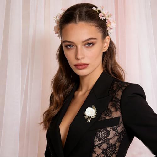 Handmade Elegant Red Rose Flower Brooch Pin for Women Crystal Pearl Fabric Flower Lapel Pin Dress Suit Accessories - color: White A