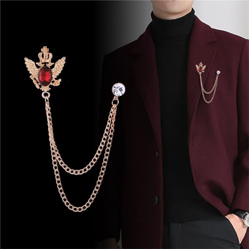 4PCS Gem Brooch Lapel Pin Chain for Men Retro Crystal Tassel Chain Brooch Pin Career Suit Tuxedo of Shirts Tie Hat Scarf Father's Day Gift - color: 2PCS Red