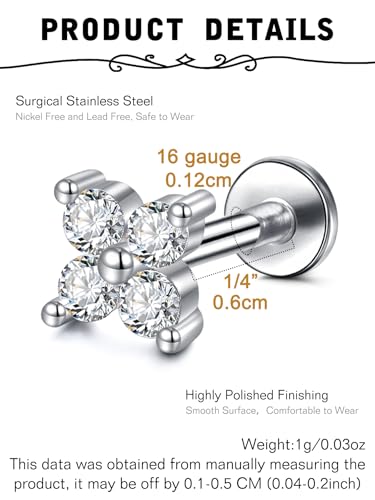 20g 16g Tragus Piercing Jewelry Helix Earrings Threadless Flat Back Earrings for Women Forward Helix Cartilage Earring Tragus Jewelry Medusa Labret Lip Piercing Jewelry Lip Studs 16 Gauge 8mm - color: B6 - threadless 16g 6mm - silver