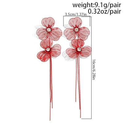 Gold Flower Tassel Dangle Earrings for Women,Boho Chunky Floral Long Fringe Statement Earring,Fashion Spring Jewelry Party Prom Accessories - color: Red