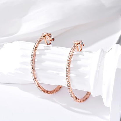 YOQUCOL 4.3CM(1.7in) Clip On Hoop Earrings Cubic Zirconia Non Pierced Ears Hoops for Women - color: 55MM-Rose gold