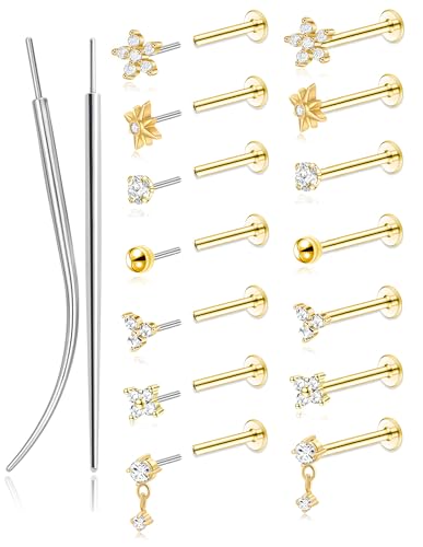 Threadless Flat Back Earrings Studs 20G Surgical Steel Push in Nose Studs Rings Cartilage Helix Tragus Conch Lip Labret Medusa CZ Nostril Piercing Jewelry for Women Gold Silver Tone - color: Gold