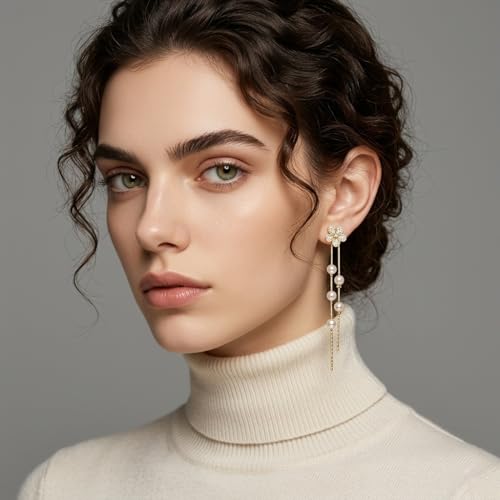 14K Gold Plated CZ Flower Dangle Earrings for Women, Sparkly Cubic Zirconia Long Tassel Drop Earrings, Bridal Wedding Jewelry - color: D:Flower earrings