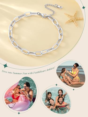 FaithHeart Waterproof Ankle Bracelets for Women, 1/2/3Pcs Non Tarnish Stainless Steel Layered Anklet Set Paperclip Figaro Cuban Link Chain Dainty Summer Beach Jewelry Gift Adjustable Size - style: c.Paperclip - Silver
