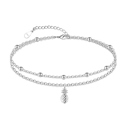 CHIC & ARTSY 925 Sterling Silver Ankle Bracelets for Women, Adjustable Layered Foot Chains with Nature & Symbol Charms, Lightweight Comfort Fit Boho Beach Everyday Jewelry - color: Pineapple/silver