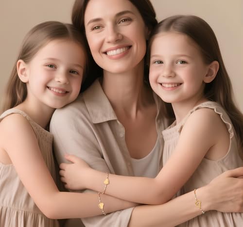 DS Mother Daughter Matching Bracelets,Adjustable Stainless Steel Gift Set | mother’s Day & Birthday Gift Box,Heart Charm,Mommy & Me Style,18K Gold Plated,Hypoallergenic,Daily Wear,Fits Women Teen Girls - color: Gold-2