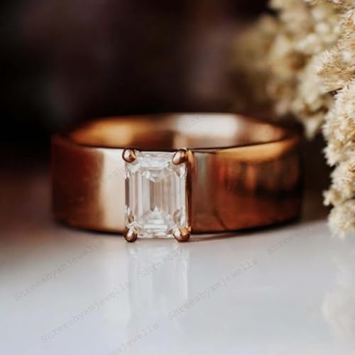Emerald Cut Moissanite Ring Bridal Stacking Band 14K Rose Gold Cigar Band Birthday Gift Thick Wide Band Vintage Wedding Band For Women By SHREESHYAMJEWELLS