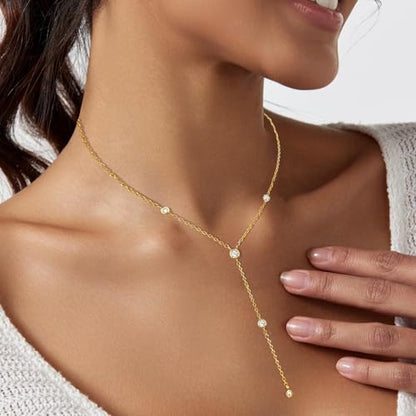 Luxval Lariat Gold Necklace for Women, Dainty Long Necklace 14k Gold Plated/Silver Y-Shaped Pendant Necklaces Trendy Beaded Chain Drop Necklaces Jewelry for Women Gifts - color: Gold-Five CZ
