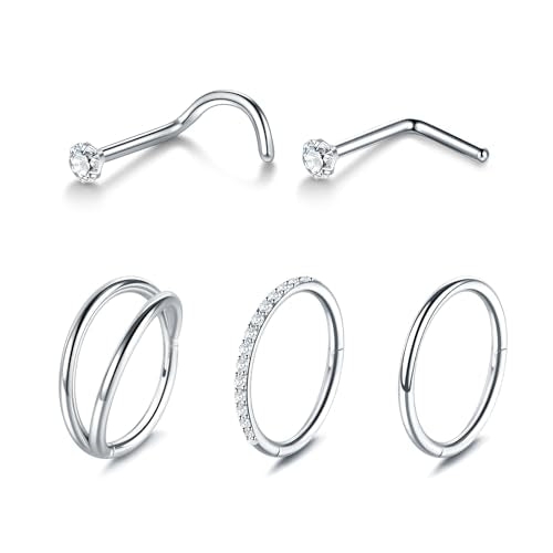 Xpircn 5pcs Hoop Nose Rings and L Shaped Nose Rings Stud Set 18G/20G Stainless Steel CZ Helix Conch Daith Tragus Cartilage Hoop Earrings for Women 6mm 7mm 8mm 10mm - color: Silver, size: 18G, 10mm hoop & 7mm studs