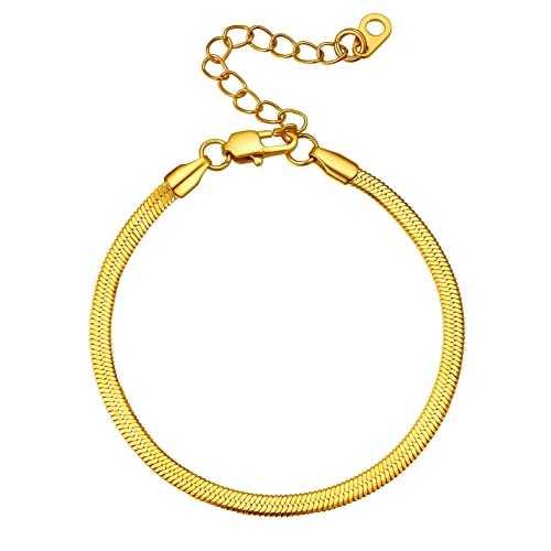 PROSTEEL 316L Stainless Steel Herringbone Flat Chain Bracelets/Anklets, Beautiful Summer Jewelry, Black/Yellow Gold/Rose Gold Plated, 6.3inch/8.5inch Adjustable, Come Box - color: Gold