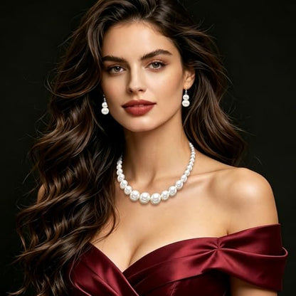 Cryshimmer Pearl Choker Necklace for Women Faux Pearl Beads Strand Necklace Earring Set Costume Jewelry,Gift for Wife Mother - color: Cream White