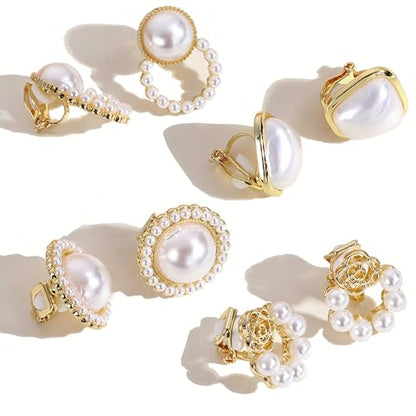 4 Pairs Clip on Stud Earrings, Non Pierced Jewelry with Pearl Accented, Gold Clip On Stud Earrings Set for Women