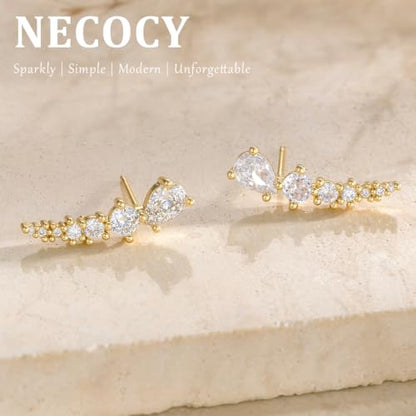 Ear Climber Earrings for Women, 14K Gold Plated/Silver Plated | Crawler Earrings Pierced with Cubic Zirconia, Hypoallergenic Cluster Stud Tragus Conch Daith Cartilage Jewelry Gift for Daily - color: Gold-4