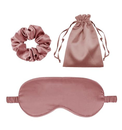 3Pcs Satin Eye Mask Silk Sleep Masks Set Silky Blindfold Eyeshade Blackout Eyes Cover Pouches Bag Scrunchy Wedding Gift - color: Sandalwood