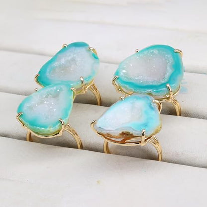 Elegant Geode Druzy Gemstone Statement Ring for Women, Adjustable Ring, Gold Plated Stone Size 20-25mm - color: Green, style: 1