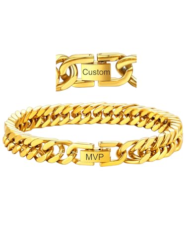 ChainsHouse Stainless Steel Cuban Link Bracelet, 6mm/8mm/12mm/17mm Width, 7.5"/8.3"/9", Black/ 18K Gold Plated Chain Wrist Bracelets for Men Women, Send Gift Box - color: V: Gold-8mm width-custom