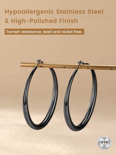 KeyStyle 5mm Thick Hoop Earring，Large Gold Hoop Earrings for Women | Stainless Steel Hoops Earring 14K Gold Plated/Silver/Black Hoop Lightweight Hypoallergenic Hollow Tube Hoop(40/60/80MM) - color: Black, size: 60mm