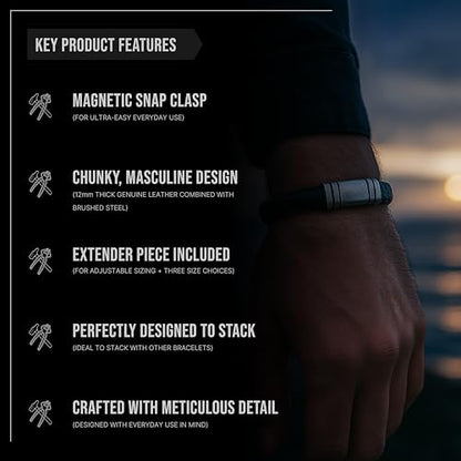 Forge & Foundry Men's Adjustable Black Leather Bracelet | Genuine Woven Leather with Snap Clasp | Design-Led, Artisan Jewelry from London [Navarro] - color: Silver - Single Strand, size: Large