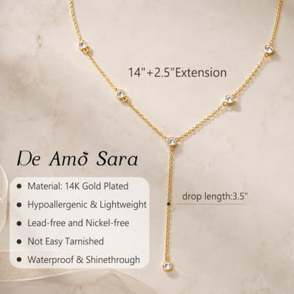 Lariat Gold Necklace for Women, Dainty Long Necklaces 14k Gold Plated Y-Shaped Layered Drop Necklaces for Women Trendy Simple Gold Jewelry for Prom Vacation Gifts - color: Station Y Necklace-Gold