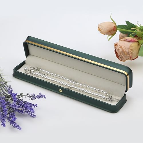 MY MIRONEY PU Leather Necklace Box Rectangle Blackish Green | Bracelet Case Box Velvet Interior Jewelry Box Organizer Gift Box Display Case Chain Holder (9.45" x 2.17" x 1.38") - style: Necklace Box(Type A); Blackish Green