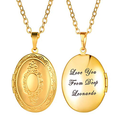 U7 Custom Photo Locket Necklace - Oval & Heart Shaped Locket - Gold/Silver/Rose Gold Personalized Image Necklaces for Women - color: 01-Oval Gold, style: b. locket+text