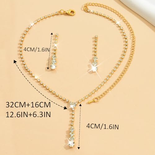 Bride Silver Bridal Necklace Earrings Set Crystal Wedding Jewelry Set Rhinestone Choker Necklace for Women and Brides - color: B Gold