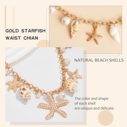 Seashell Starfish Waist Chain for Women Boho Conch Body Chains Gold Belly Chain Summer Beach Pearl Body Jewelry - style: 1-Layer