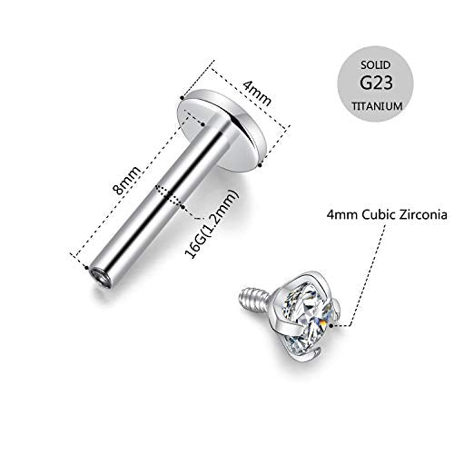 GAGABODY G23 Titanium 16G 6/8/10mm Clear CZ/Opal Internally Threaded Labret Monroe Lip Studs 6mm Helix Cartilage Tragus Earring Piercing - color: 16G-2Pcs - Length:8mm CZ:4mm