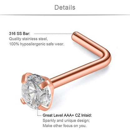 SCERRING 18G Stainless Steel L-Shaped Nose Stud Rings Tragus Lip Hoop Piercing Jewelry 1.5-3mm Clear CZ 8-30PCS - color: 16PCS - Rose Gold
