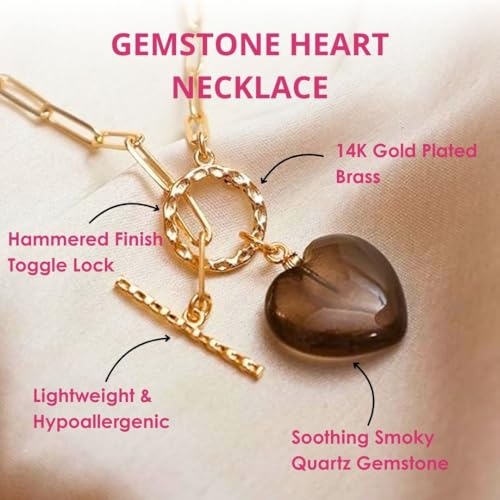 Gempires Gemstone Heart Pendant Necklace for Women, Gold Toggle Birthstone | Handmade gemstone heart pendant necklace — choose from 11 stones and birthstones, gold toggle paperclip chain. - color: Smoky Quartz