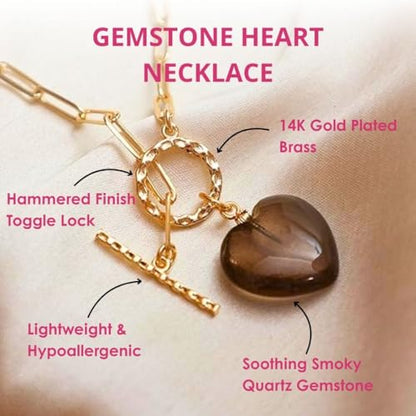 Gempires Gemstone Heart Pendant Necklace for Women, Gold Toggle Birthstone | Handmade gemstone heart pendant necklace — choose from 11 stones and birthstones, gold toggle paperclip chain. - color: Smoky Quartz