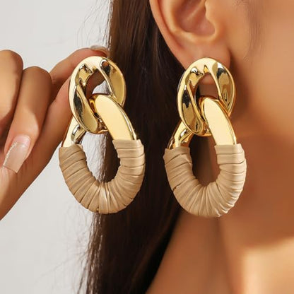 Chunky Gold Acrylic Chain Statement Earrings for Women,Exaggerated Thick Chain Artificial Leather Wrap Dangle Earrings Trendy Geometric Ear Jewelry - color: Brown