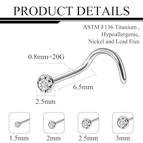ASTM F136 Titanium Nose Rings 18G 20G 22G Jeweled Clear Round Cubic Zirconia Nose Studs Ring Screw L-Shaped Bone Hypoallergenic Body Piercing Jewelry for Women 1.5mm 2mm 2.5mm 3mm 4PCS - style: Screw:20G(0.8mm)