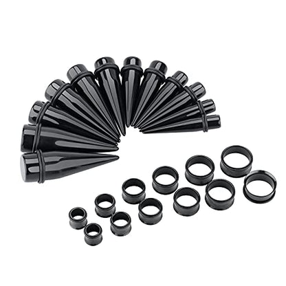 24PC Ear Gauge Stretching Kit Acrylic Tapers and Surgical Steel Tunnels Plugs 00G-20MM Gauge Stretching Kit - color: Black-Black