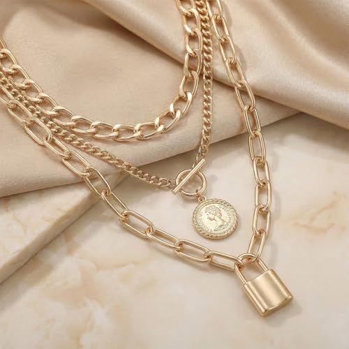 9-Piece Gold Tone Layered Chain Necklace Set for Women, Versatile Stackable Necklaces with Vertical Bar/Herringbone/Padlock Coin Charms, Trendy Boho Jewelry - style: TZJ-003360