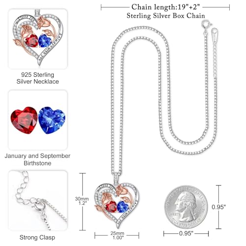 Iefil Birthstone Necklace for Women - Rose Heart Necklace | 925 Sterling Silver, Gift Box Packaging, Anniversary Birthday Gifts for Wife Mom Daughter - color: 01-09-Jan-Sept Birthstone