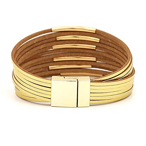 Multi-layer Leather Bracelets Multi-strand Wrap Bracelets Handmade Braided Rope Cuff Bangle with Magnetic Buckle Jewelry - color: Gold