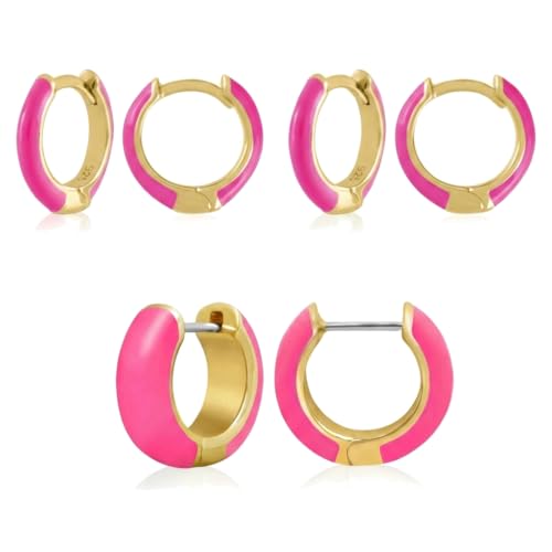 14K Gold Plated Sterling Silver Enamel Color Huggie Hoop Earrings for Women – Wide Range of Vibrant Color Options Available - color: Neon 3pc Bundle