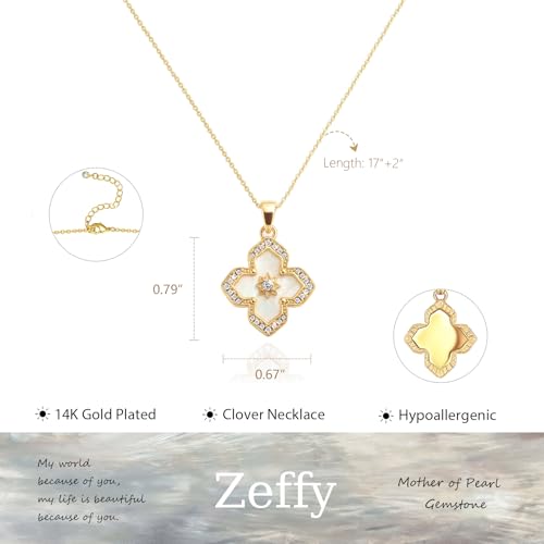 Zeffy Gold Pearl Necklace for Women, Dainty 14K Gold/Silve Plated Layered Pearl Choker Pearl Earrings Pearl Bracelets Wedding Trendy Gold Jewelry Set for Women Gifts - style: Gold Clover Necklace-1PCS