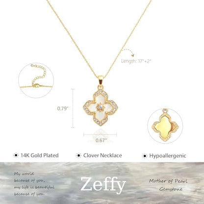 Zeffy Gold Pearl Necklace for Women, Dainty 14K Gold/Silve Plated Layered Pearl Choker Pearl Earrings Pearl Bracelets Wedding Trendy Gold Jewelry Set for Women Gifts - style: Gold Clover Necklace-1PCS