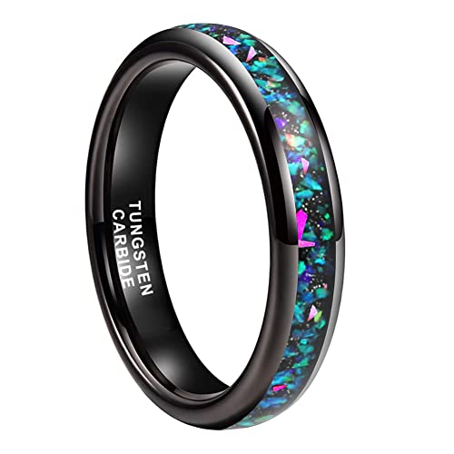 TUTISS 4mm Silver/Black Tungsten Rings for Women Men Engagement Wedding Bands Genuine Blue Green Galaxy Opal Inlay Domed Polished Comfort Fit - color: 4mm Black Tungsten Galaxy Opal