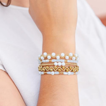 Dainty Gold Plated Pearl Crystal Beaded Bracelets Set for Women 14K Gold Plated Bead Pearl Beads Bracelet Stackable Paperclip Link Chain Bracelets Gold Plated Bracelets for Women Trendy Jewelry - color: Style5-2 White