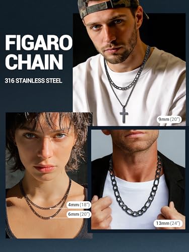 PROSTEEL Stainless Steel Figaro Link Chain Necklace for Men Women | 18K Gold Plated/Black/Silver,4/6/9/13mm Width,Sweat-proof and Fade-resistant Diamond Cut Chain with Sturdy Clasp,18"-30" - color: Black, size: 14 inch(choker), style: 4mm Width