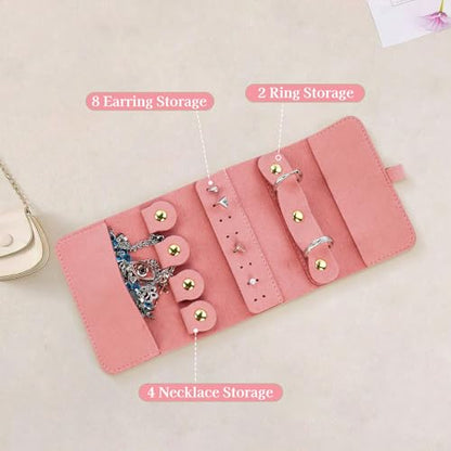 Travel Jewellery Organizer, Foldable Roll-Up Jewelry Travel Pouch, Portable Small Jewelry Travel Case for Necklaces Rings Earrings (Pink) - color: Pink