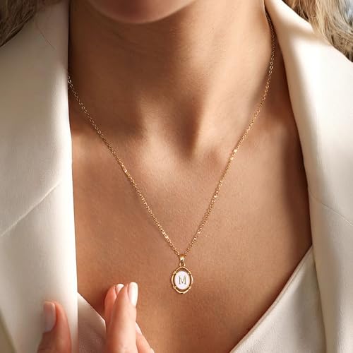 14K Gold Plated Initial Necklaces for Women, Letter Charm Pendant Necklace | Dainty Oval White Enamel Personalized Name Necklace, Trendy Jewelry with 16 inches Chain and 2 inches Extender - color: M