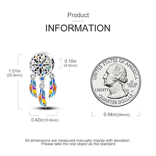 Hapour 925 Sterling Silver Charms for Bracelet Necklace Dangle Pendant Bead | Bear Charm, Elephant Zebra Cat Dream catcher Family Birthday European Jewelry Charm, For Women Mom - color: Colorful Dreamcatcher