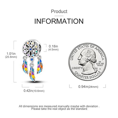 Hapour 925 Sterling Silver Charms for Bracelet Necklace Dangle Pendant Bead | Bear Charm, Elephant Zebra Cat Dream catcher Family Birthday European Jewelry Charm, For Women Mom - color: Colorful Dreamcatcher