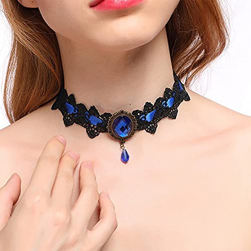 Dainty Black Lace Crystal Choker Necklace Lace Gothic Choker for Women for Halloween Weeding Costume Party Prom Vampire Choker - color: Blue