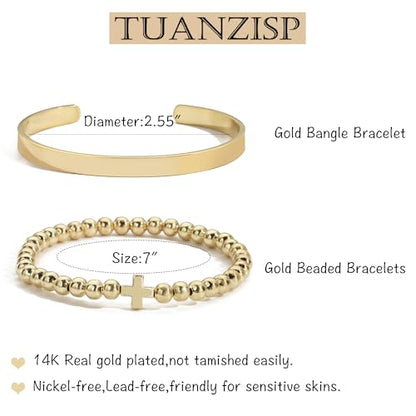 Gold Bangle Bracelets for Women Non Tarnish, 18k Gold Bracelet Stack Layered Chunky Cuff Bracelet Knot Cross Bowknot Bracelets Trendy Jewelry Set for Women Gifts - color: S05